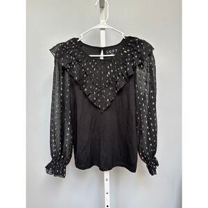 LOFT Black Blouse Metallic Silver Dot Ruffle Trim Long Sleeve Petite MP BNWT $44